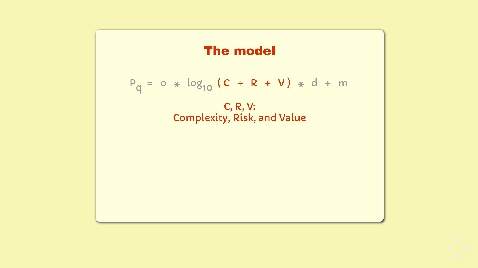 Slide: The formula, highlighting '(C + R + V)'